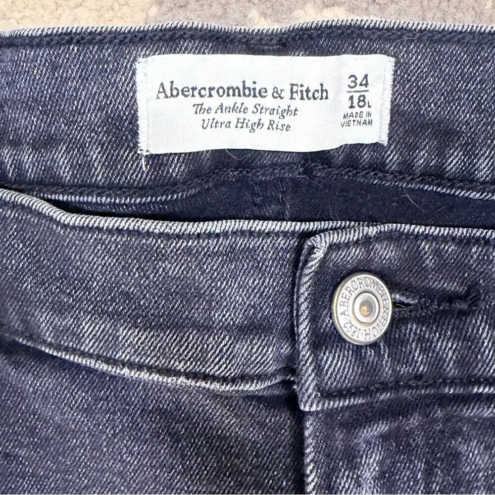Abercrombie The Ankle Straight Jeans 34/18L Ultra High Rise Dark Wash Raw Hem